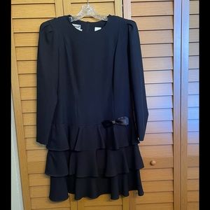 Leslie Fay Lord & Taylor Vintage Black Rhinestone Bow ruffled Cocktail Dress